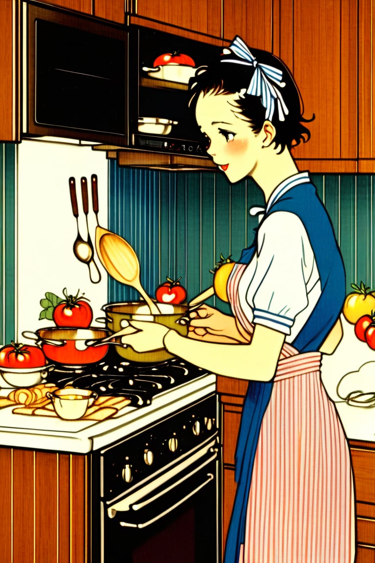 1girl, blush, short hair, shirt, black hair, 1boy, dress, bow, holding, short sleeves, hairband, food, striped, indoors, apron, profile, fruit, blue bow, knife, plate, spoon, cooking, holding spoon, kitchen, tomato, frying pan, sink, spatula, stove, kitchen knife, cutting board
