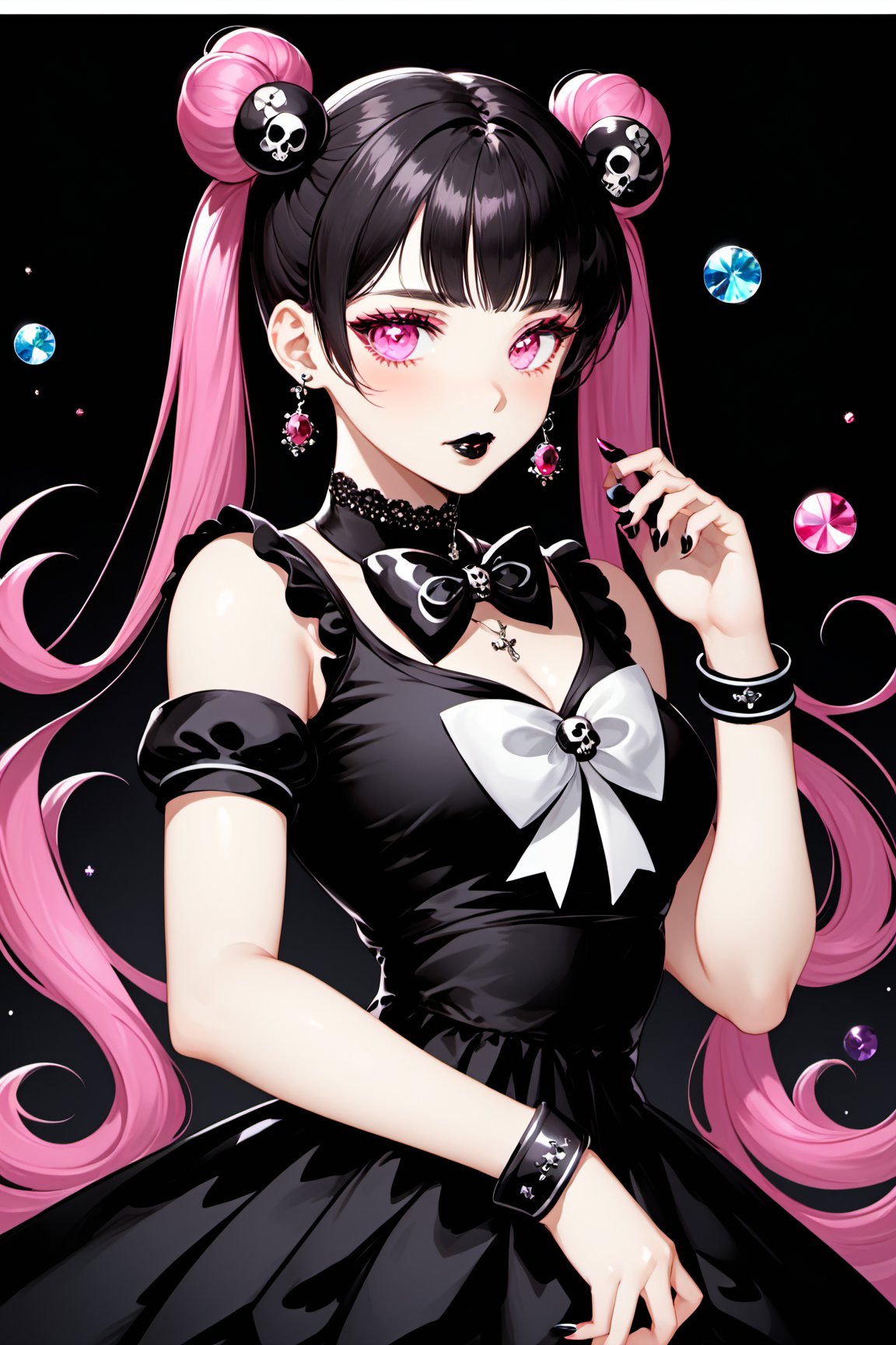 1girl, solo, long hair, breasts, looking at viewer, bangs, simple background, black hair, hair ornament, dress, bow, ribbon, bare shoulders, twintails, jewelry, very long hair, upper body, pink hair, short sleeves, multicolored hair, earrings, parted lips, detached sleeves, sleeveless, puffy sleeves, hand up, bowtie, pink eyes, grey background, hair bun, nail polish, black dress, puffy short sleeves, wrist cuffs, double bun, black bow, makeup, sleeveless dress, black background, brooch, gem, pink nails, skull hair ornament