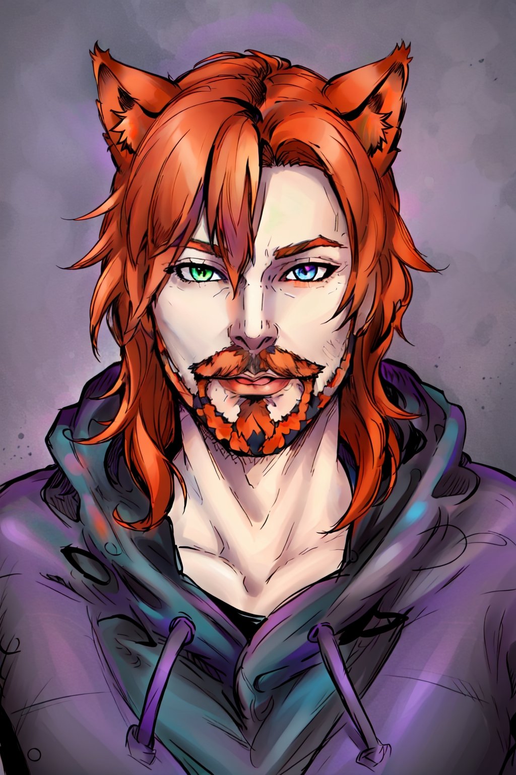 Duskfallcrew Art Style, solo, blue eyes, 1boy, animal ears, green eyes, male focus, cat ears, hood, orange hair, facial hair, heterochromia, beard, purple background, mustache