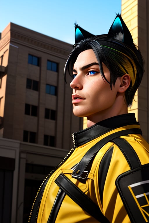 Maverick Ellis Rowe, blue eyes, solo, cat ears, animal ears, short hair, black hair, yellow jacket,outdoors, pride theme, rainbows, parade, black dress, specular highlights, side lighting, detailed face, detailed eyes, wide shot, dynamic lighting, dynamic angle