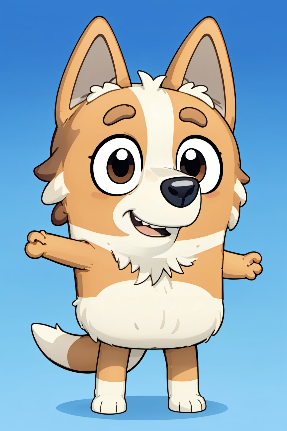 Bluey Style, Bluey Irwin Chibi,  solo, looking at viewer, smile, open mouth, simple background, 1boy, animal ears, standing, tail, full body, male focus, black eyes, arms up, blue background, happy, outstretched arms, furry, furry male, body fur, animal nose, two-tone fur, blue fur