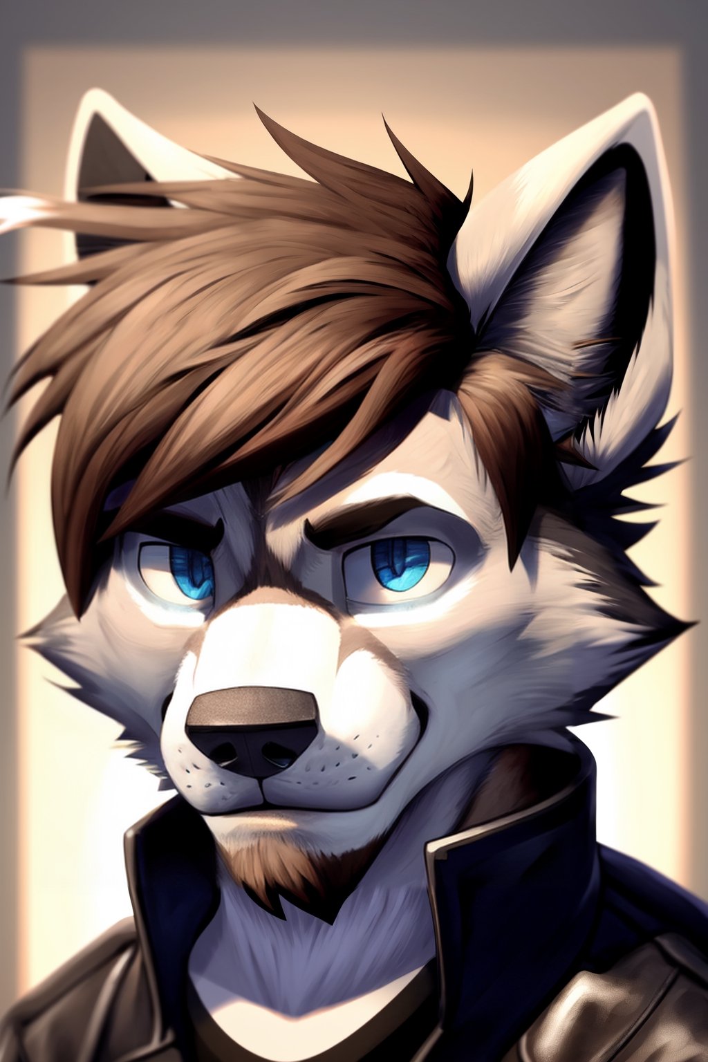 Andrew Bryant, 1boy, male focus, solo, two tone hair, grey hair, dusty brown hair, blue eyes, facial hair, beard, fox ears, silver fox vibes, gruff, dry looking skin, anthro, animal ears, animal ear fluff, furry, leather jacket with patches, detailed face, detailed eyes, detailed hair, tonemapping, ultra sharp, extremely detailed, side lighting, rim lighting, specular highlights,