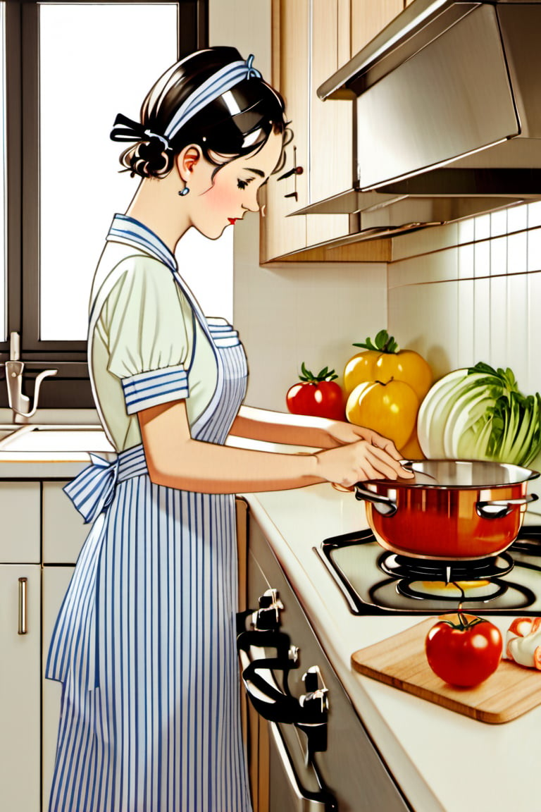 1girl, blush, short hair, shirt, black hair, 1boy, dress, bow, holding, short sleeves, hairband, food, striped, indoors, apron, profile, fruit, blue bow, knife, plate, spoon, cooking, holding spoon, kitchen, tomato, frying pan, sink, spatula, stove, kitchen knife, cutting board
