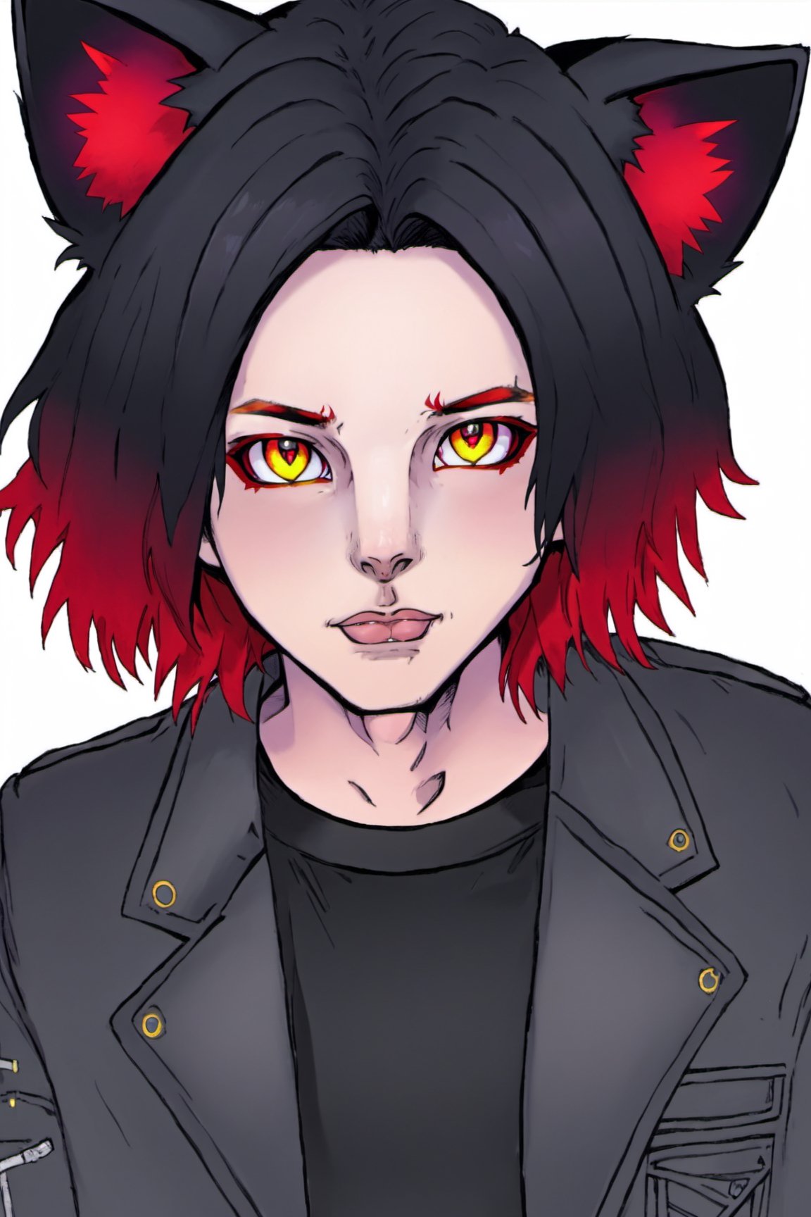 Consume Prilosec, solo, looking at viewer, simple background, shirt, black hair, red eyes, 1boy, white background, animal ears, jacket, yellow eyes, male focus, red hair, multicolored hair, cat ears, mole, two-tone hair, black shirt, gradient hair, heterochromia, masterpiece, official art,