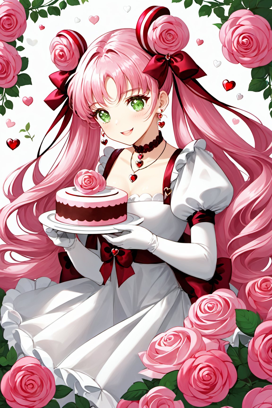 1girl, solo, long hair, looking at viewer, blush, smile, bangs, hair ornament, gloves, hat, dress, bow, ribbon, twintails, jewelry, green eyes, pink hair, braid, flower, heart, earrings, frills, parted lips, food, puffy sleeves, white gloves, hair flower, white dress, parted bangs, rose, white flower, gem, pink ribbon, cake, balloon, white rose, pink theme, pink rose, envelope
