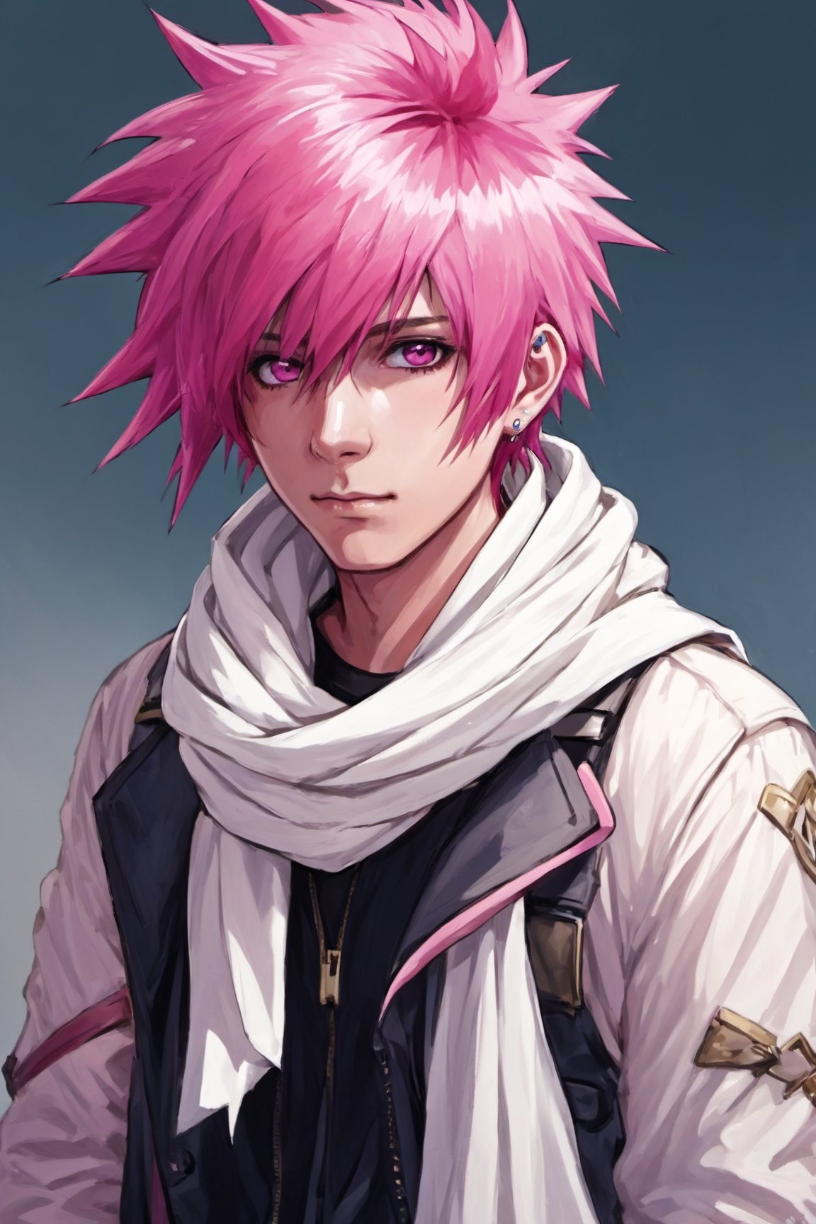 Consume Prilosec, solo, 1boy, pink hair, male focus, scarf,  spiked hair, white scarf, jumpsuit