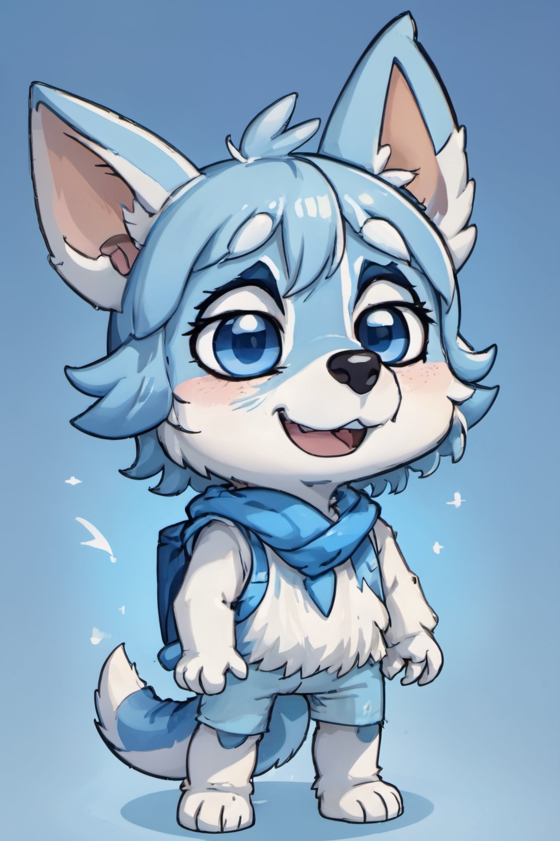 Bluey Style, Bluey Irwin Chibi, blue heeler, blue fur,  solo, looking at viewer, smile, open mouth, simple background, 1boy, animal ears, standing, tail, full body, male focus, black eyes, arms up, blue background, happy, outstretched arms, furry, furry male, body fur, animal nose, two-tone fur, blue fur