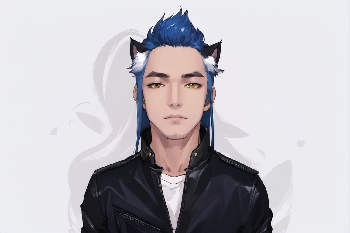 1boy, male focus, american, long hair, fluffy hair, navy blue hair, cat ears, animal ears, animal ear fluff, gold eyes, leather jacket, tshirt, portrait, upper body, tattoos, anarchist vibes, clean shaven