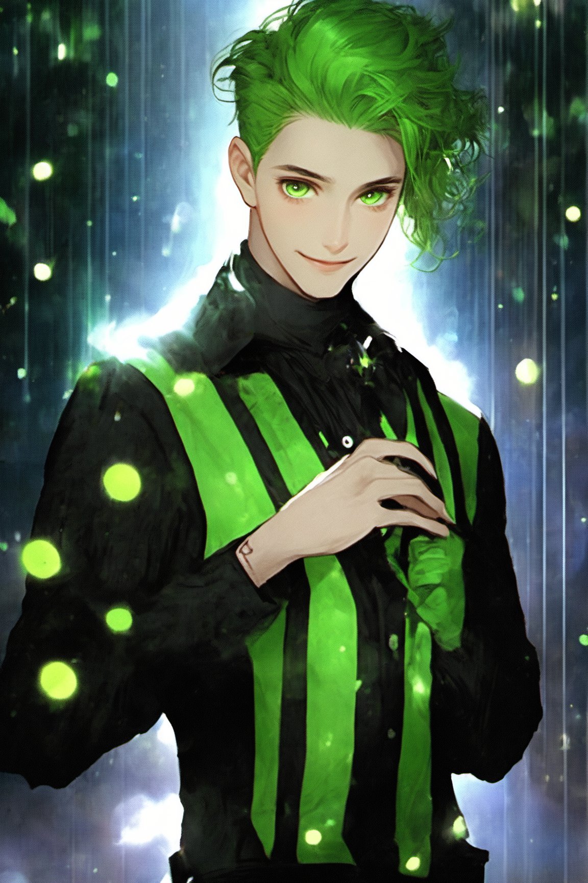 Niji Slime, looking at viewer, smile, short hair, shirt, gloves, long sleeves, 1boy, closed mouth, upper body, male focus, multicolored hair, makeup, glowing, own hands together, striped shirt, green theme, liquid, green lips