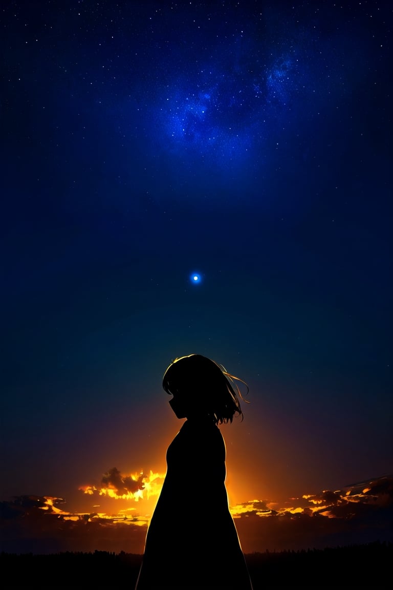 (3/4 view), Extremely detailed really cute young woman standing in a field with a stunning sky over her with stars, earthy color palette, jrpg, cartoonish vector, volumetric lights, nature-evocative, enchanting, whimsical, detailed, emotionally evocative, fantastical, imaginative, visually rich, nostalgic, vivid, expansive, atmospheric, dynamic, ever-changing, awe-inspiring, painterly, dramatic, dreamlike, emotive, best quality (sky 60%) art by MSchiffer