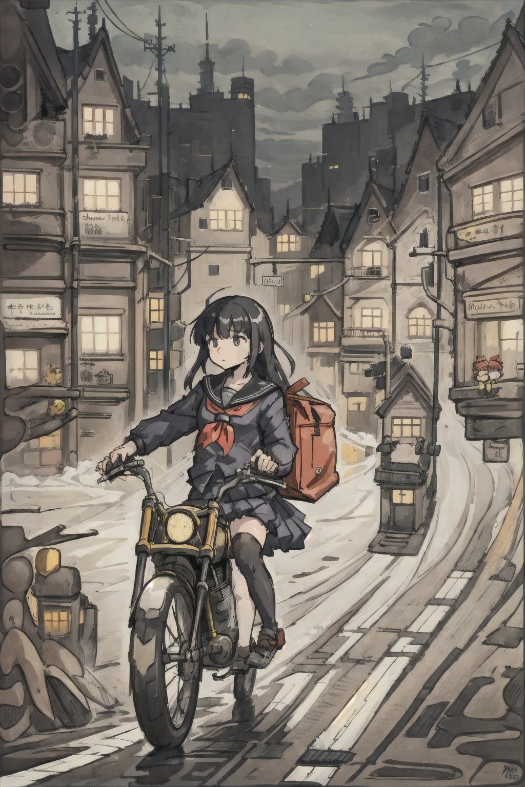 masterpiece, best quality, 1girl, solo, jacket, school uniform, serafuku, thighhighs, school bag, black hair, black eyes, cyberpunk, street, machinery, motor vehicle, motorcycle, panorama, helmet, speed line, motion blur, depth of field, perspective, panorama, riding, floating hair, night, neon trim
INFO
