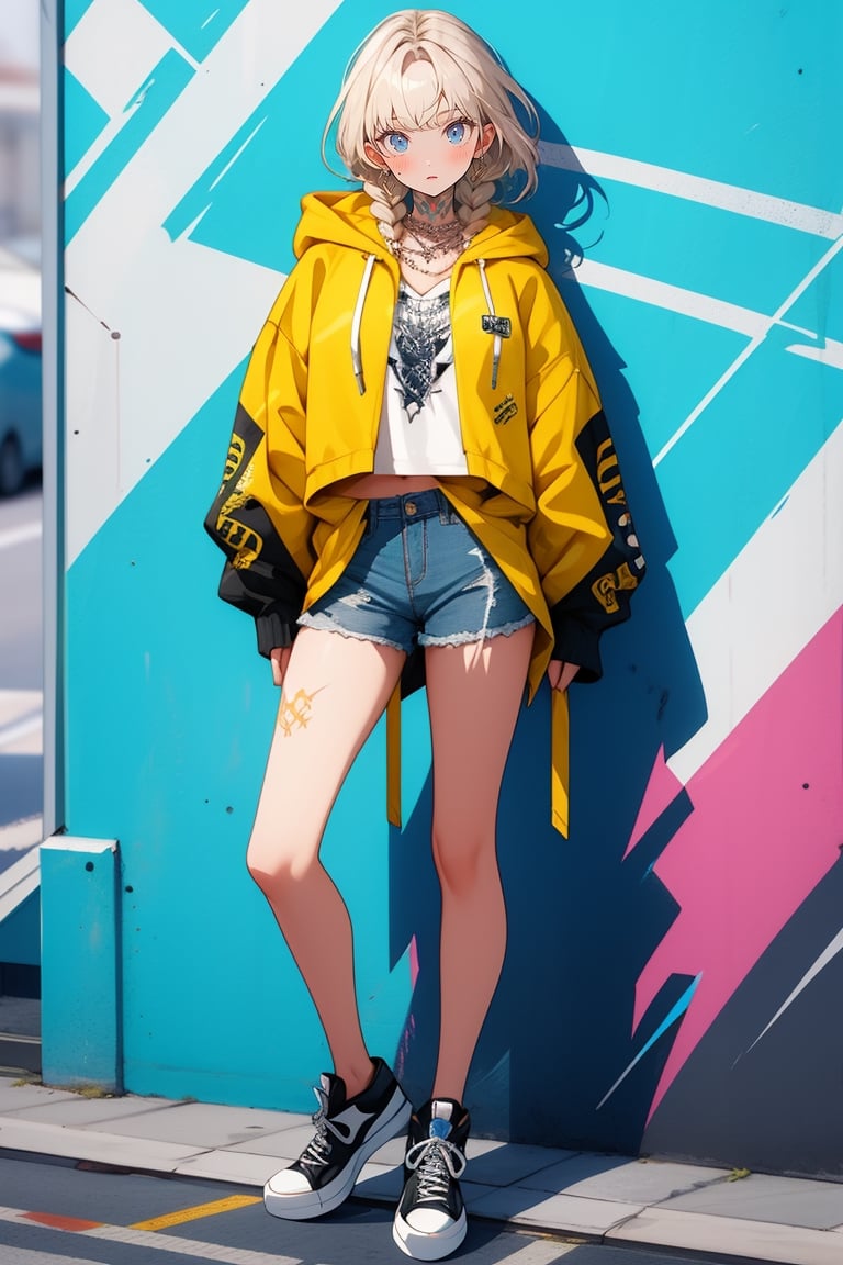 (masterpiece:1.1), (highest quality:1.1), (HDR:1.0), 1girl, perfect body, full leg dragon tattoos:1.5, braids, blonde, yellow cropped hoodie:0.5, cut off denim shorts:0.5, sneakers, attractive, stylish, tick gold chain necklace:0.5, designer, black, asymmetrical, graffiti, street art, Female, hmnc1, BJ_Violent_graffit, High detailed