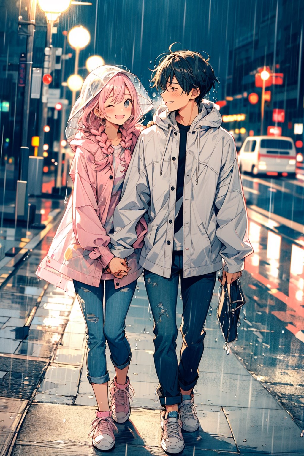 (Simple, light pastel pink and white, walking in the rain:1.3), (anime:1.0), night, intersection
(1man and 1woman), man carrying woman on his back, man wear long sleeve shirt and trouser, smile, (looking away), long hair, woman double Braids,
(light pink woman wear raincoat:1.2), (white tanktop),(distressed skinny jean), (pastel pink sneakers):1.2), midjourney, light pastel theme,one eye closed, smile