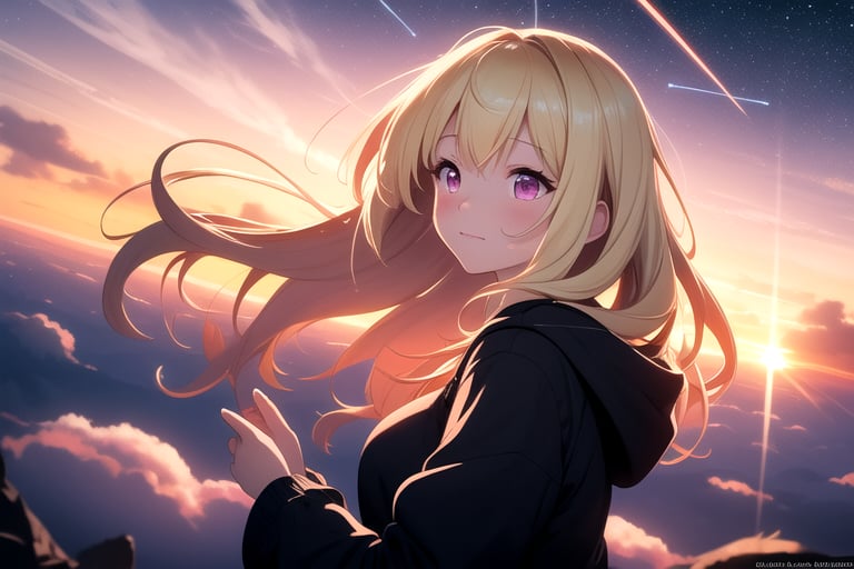 centered, digital art, | sky, heavenly clouds, constellations, sky, clouds, heaven, mystical, psycodelic, | (saturated colors:1.2), sunset, bokeh, depth of field, | , blonde hair, pink eyes, astrophotography, comets