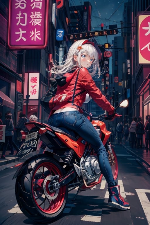 Anime female teen, 19 years old, riding motorcycle in the midnight hours in the city of tokyo,sangonomiya kokomi (sparkling coralbone)