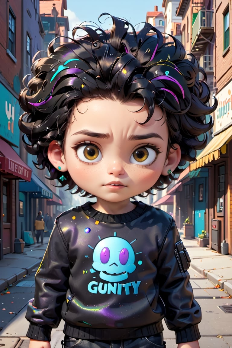 glitter, high_resolution, detailed, portrait, shiny skin, multicolor, ,disney pixar style, {{{masterpiece}}}, {{{best quality}}}, {{ultra-detailed}}, {beautiful detailed eyes}, ((style of Gurity Gear)), 1boy, Jet Black hair, big-afro, Jet Black eyes, open mouth, standing, arms behind head, cyberpunk cityscape, upper body, Jet Black sweater,baby