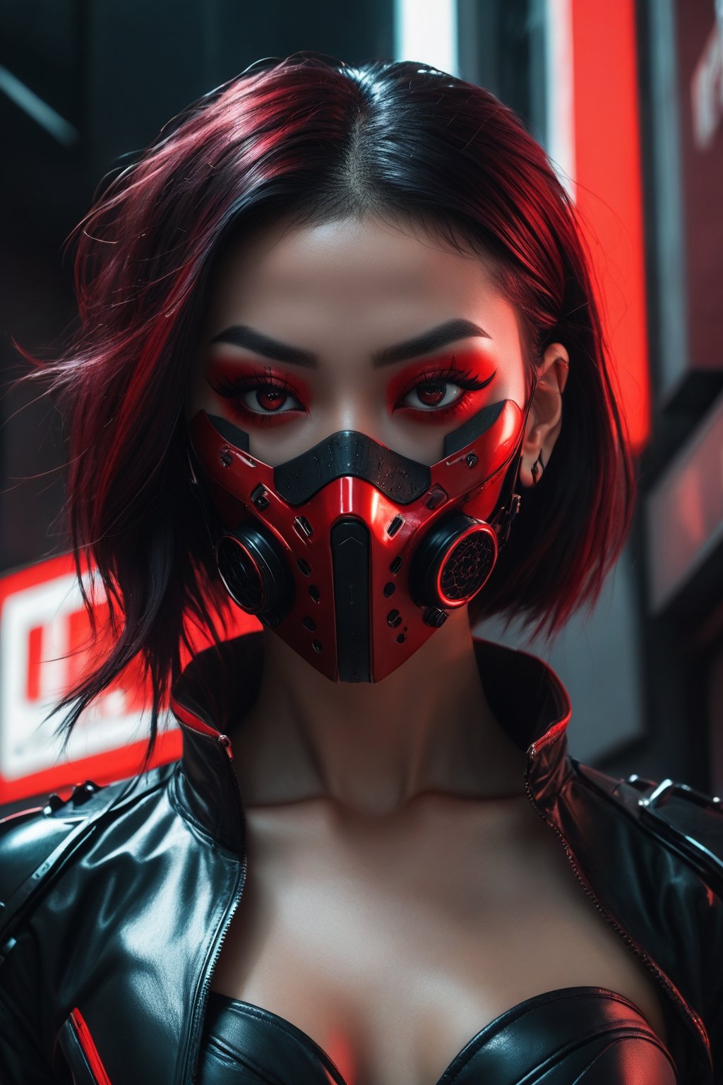 full bodyshot Illustrate the scene of the female character embodying the cyberpunk aesthetic, characterized by a bold combination of red and black tones, gothic elements, and a futuristic face mask.,Decora_SWstyle,cinematic style,rebnun, akatsukiiwao,p0pp3r ,mj,SD 1.5