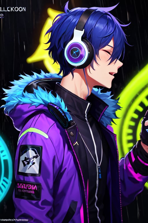 blacklight, solo, male focus, headphones, 1boy, rain, long sleeves, fur trim, web address, blurry, upper body, hair over eyes, profile, jacket, from side, artist name, closed mouth, short hair