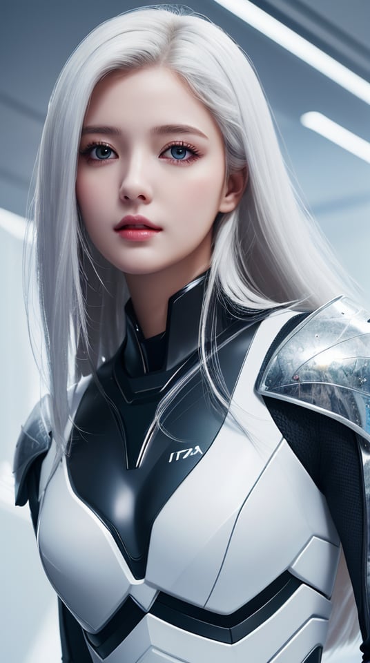 ((masterpiece:1.4, best quality:1.2, realistic, ultra realistic)), 1girl, fullbody, solo focus, tall female, delicate face, expressionless, extremely detailed face and eyes, beautiful white armor, white hair, long hair, glowing eyes, futuristic setting, futuristic city background