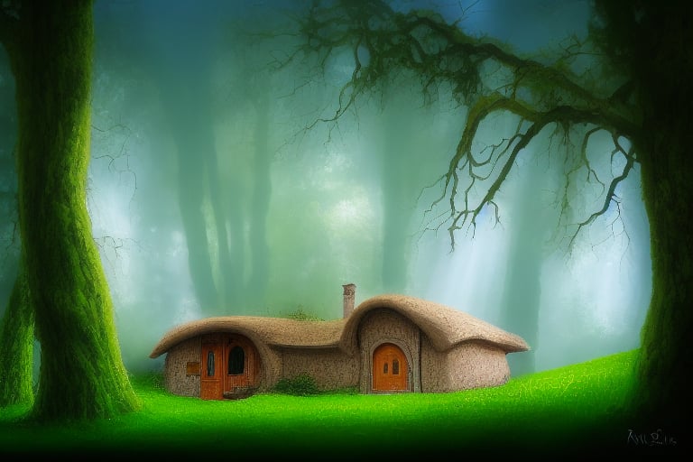 An enchanting hobbit house nestled within a mystical forest, with tall ancient trees towering overhead, their branches intertwined to create a natural canopy, while rays of soft sunlight filter through, casting an ethereal glow on the mossy ground, creating an atmosphere of magic and wonder, Artwork, digital painting with vibrant colors and luminous lighting effects, --ar 9:16 --v 5