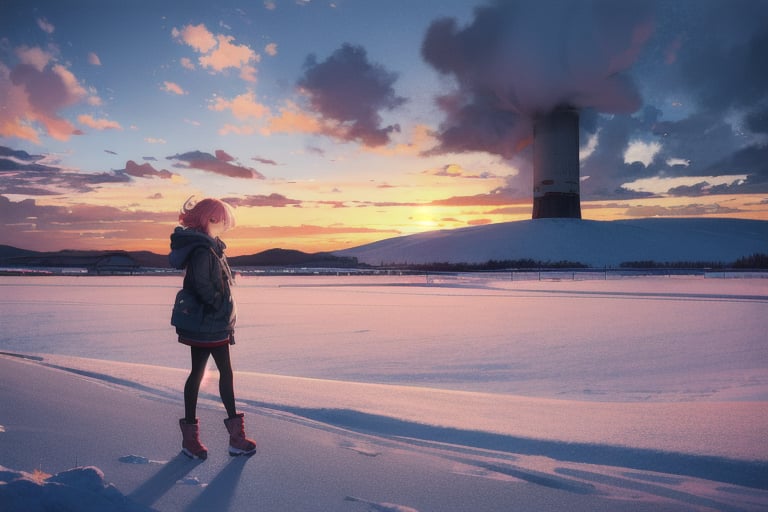 absurdres, highres, best quality, 1girl, snow,comfy, scenery, sunset, clouds, wind, 