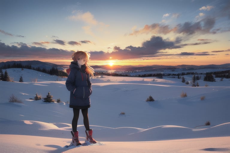 absurdres, highres, best quality, 1girl, snow,comfy, scenery, sunset, clouds, wind, 