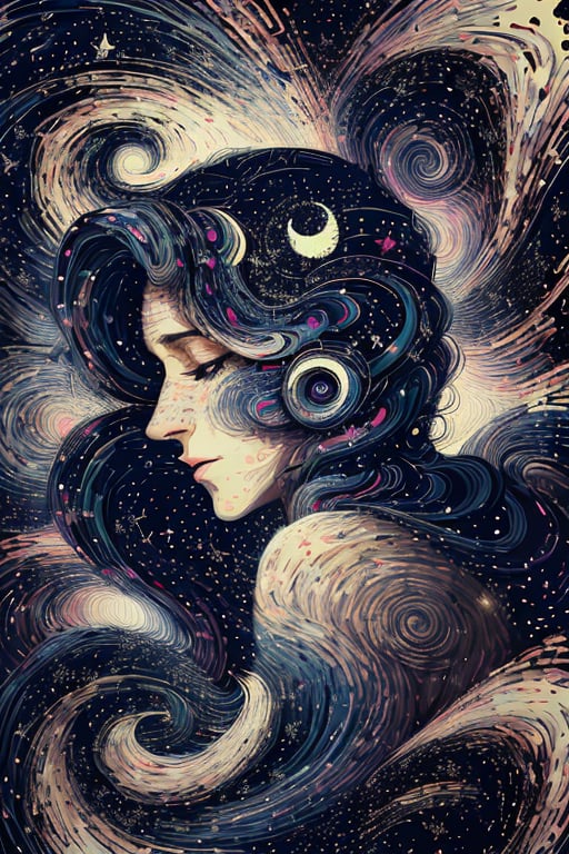 a woman with a crescent in her hair a night sky background with stars,  swirls in the background,  a crescent in the sky b...