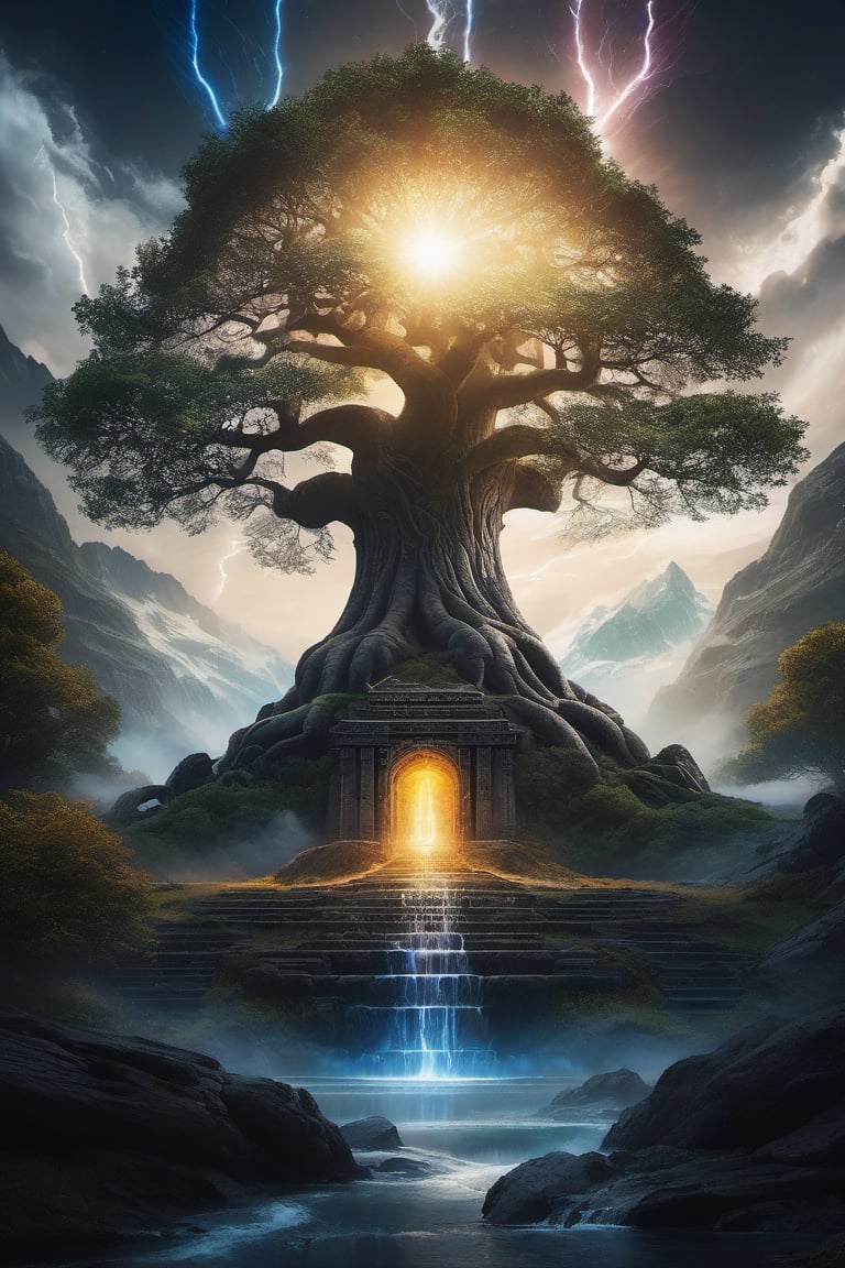 dramatic lighting painting of yggdrasil the world tree and the nine realms at the gates of valhalla odin by AI Protagonist...