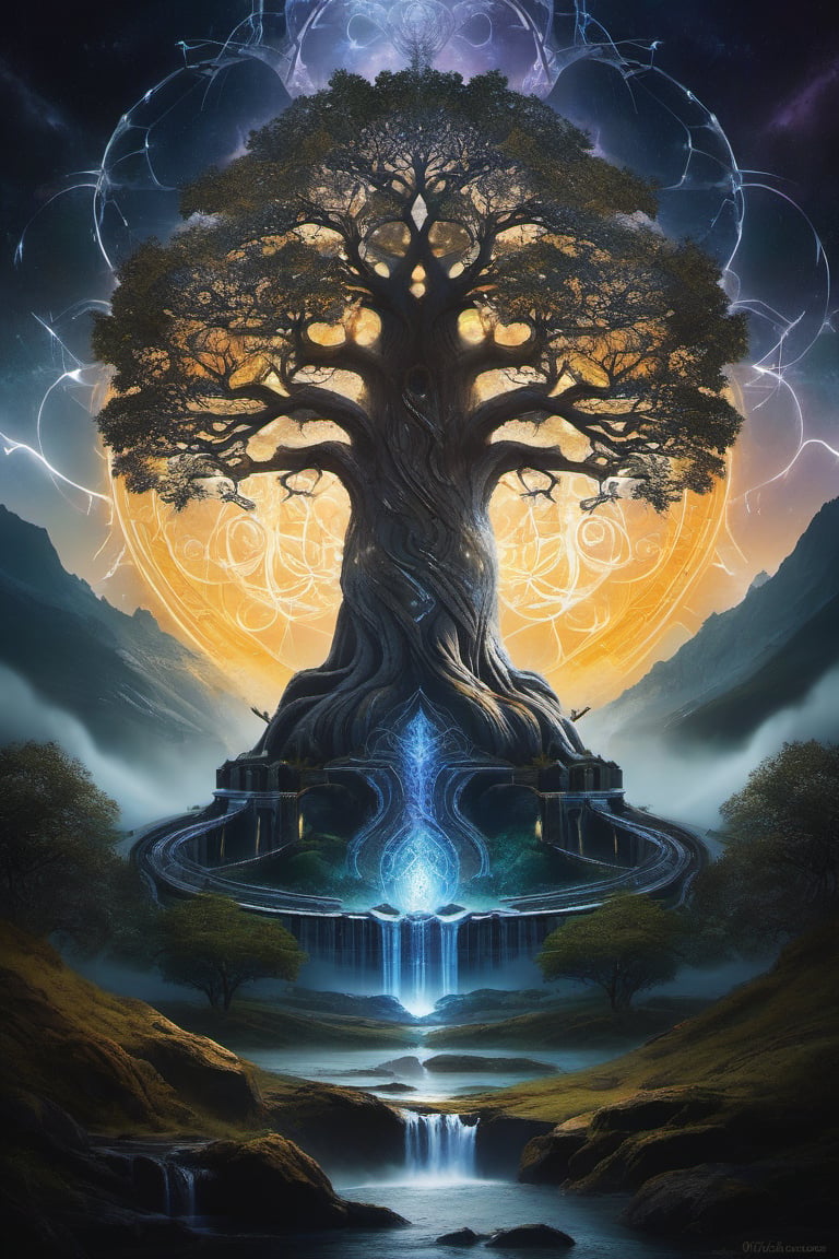 dramatic lighting painting of yggdrasil the world tree and the nine realms at the gates of valhalla odin by AI Protagonist...