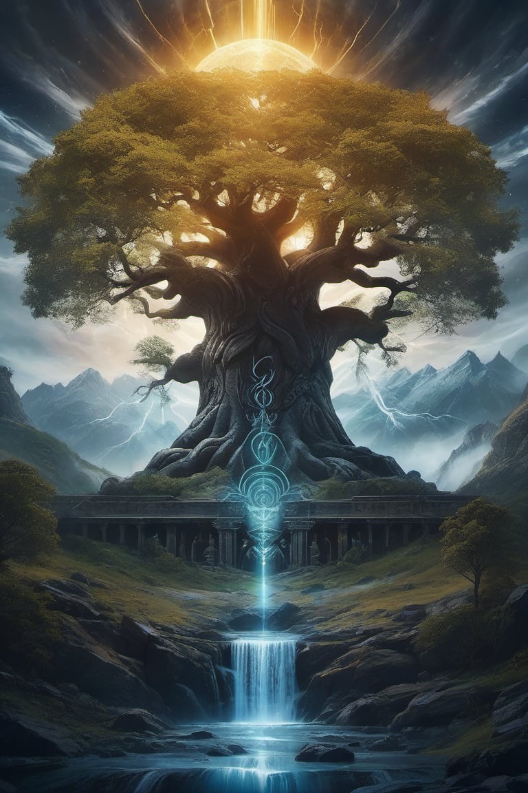 dramatic lighting painting of yggdrasil the world tree and the nine realms at the gates of valhalla odin by AI Protagonist...