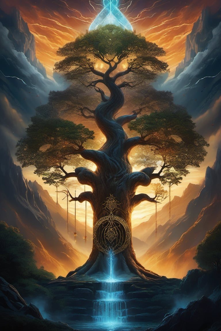 dramatic lighting painting of yggdrasil the world tree and the nine realms at the gates of valhalla odin by AI Protagonist...