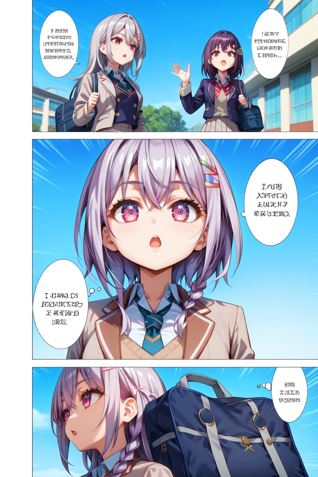 long hair, short hair, open mouth, multiple girls, shirt, hair ornament, school uniform, jacket, braid, comic, necktie, hairclip, collared shirt, virtual youtuber, bag, speech bubble, english text, blazer, school bag, spoken ellipsis, thought bubble, thinking,1 page manga,4 manga panels,body up panels, black and white, 4k,masterpiece,best quality,incredibly absurdres,high detail eyes,Detail,comic_manga,<lora:alisa-mikhailovna-kujou-alpha-pony,alisa mikhailovna kujou,bangs,blue eyes,hair ribbon,ahoge,grey hair,red ribbon,skirt