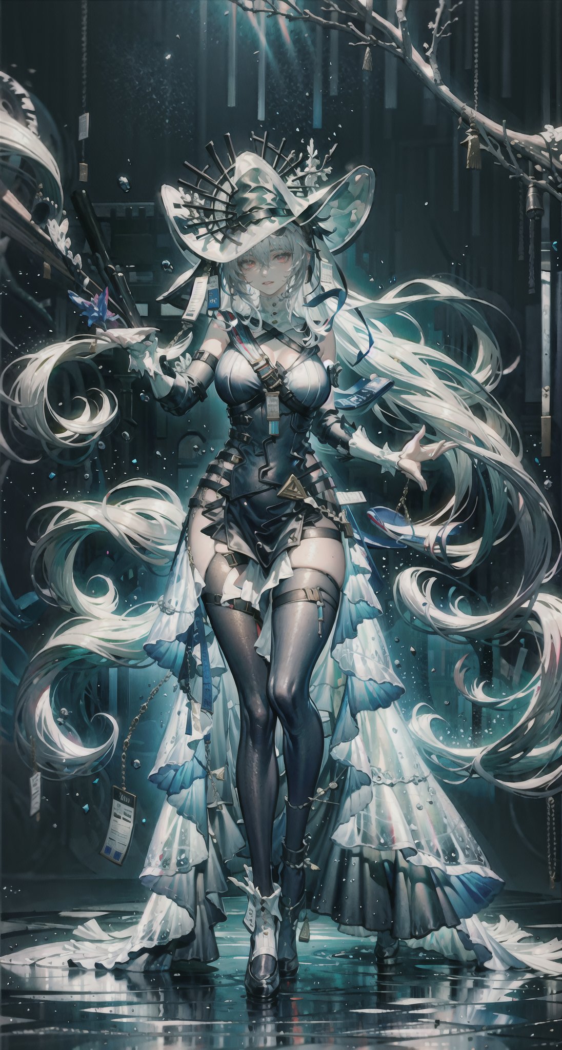  [slim body], [Full body, full body image], concept art,masterpiece, best quality, 1girl,  long_hair,looking_at_viewer,  solo,pelvic_curtain,specter,white hair,hat,1girl