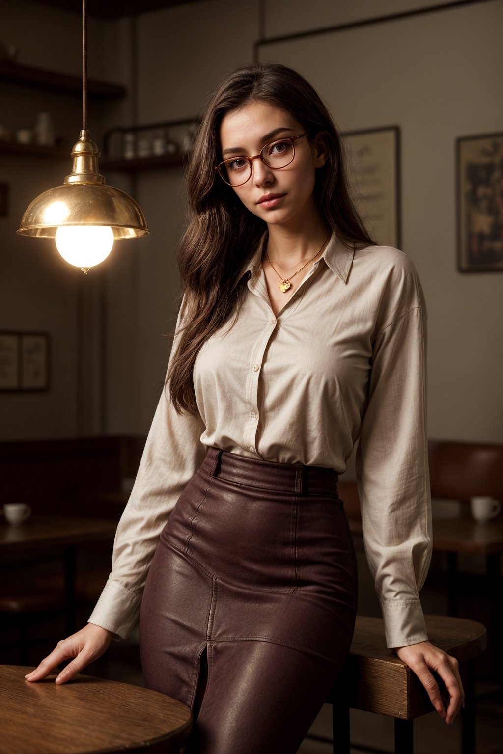 In a bustling urban café,  illuminated by the soft glow of vintage Edison bulbs,  sits a strikingly thin young woman with...