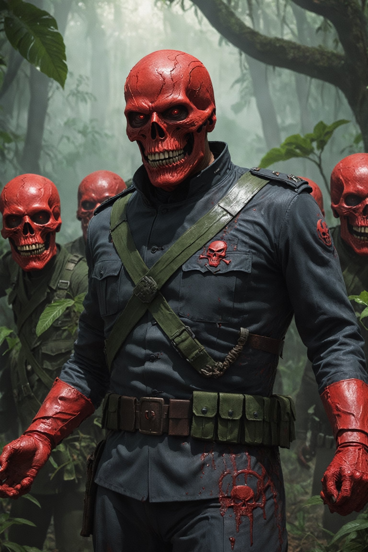 A detailed,  hyperrealistic digital painting of Red Skull in a dirty,  jungle-themed uniform. He is giving a speech to a g...