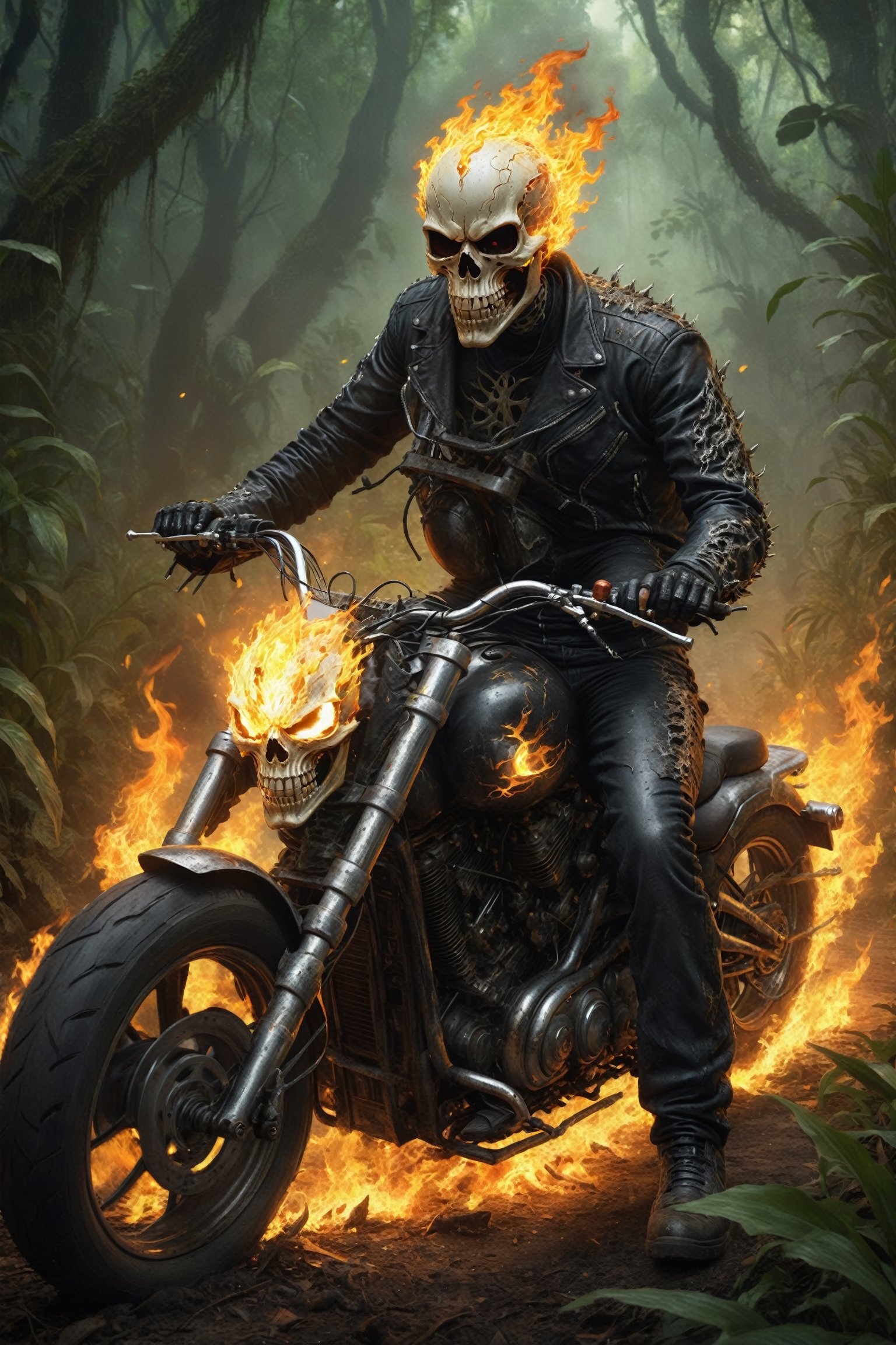 A detailed,  hyperrealistic digital painting of Ghost Rider in a dirty,  jungle-themed costume. He is riding a flaming mot...