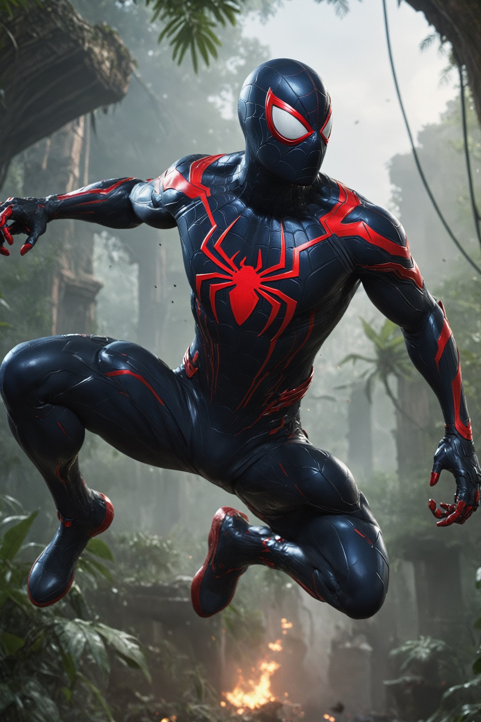 A hyper-realistic and detailed Spider-Man 2099 swinging through a jungle. The suit is made of a sleek,  black and red mate...