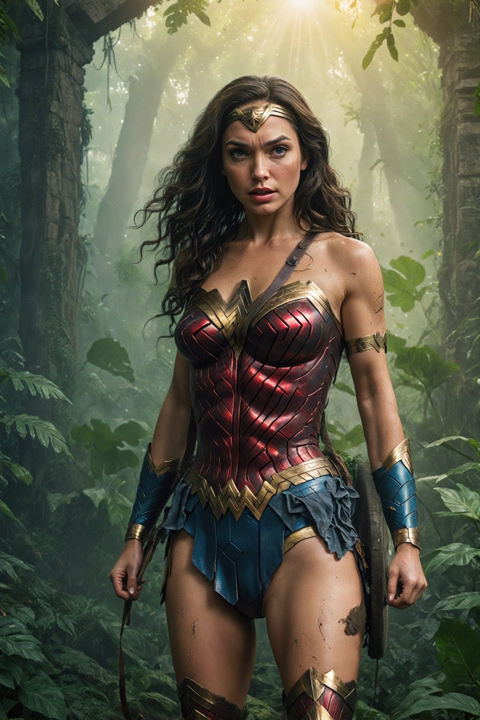 A detailed,  hyperrealistic digital painting of Wonder Woman in a dirty,  jungle-themed costume. She is standing in a clea...
