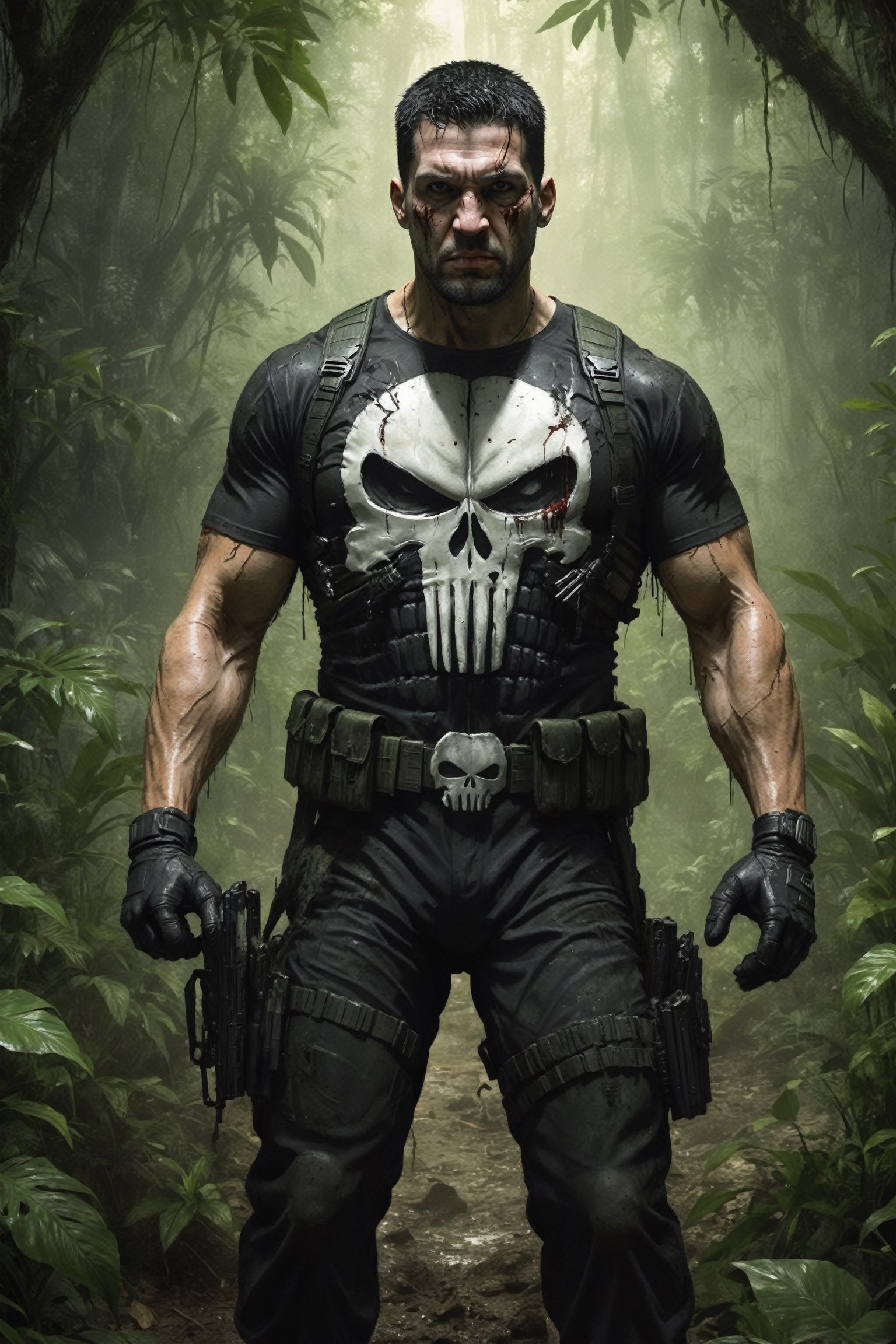 A detailed,  hyperrealistic digital painting of Punisher in a dirty,  jungle-themed costume. He is stalking through a dens...