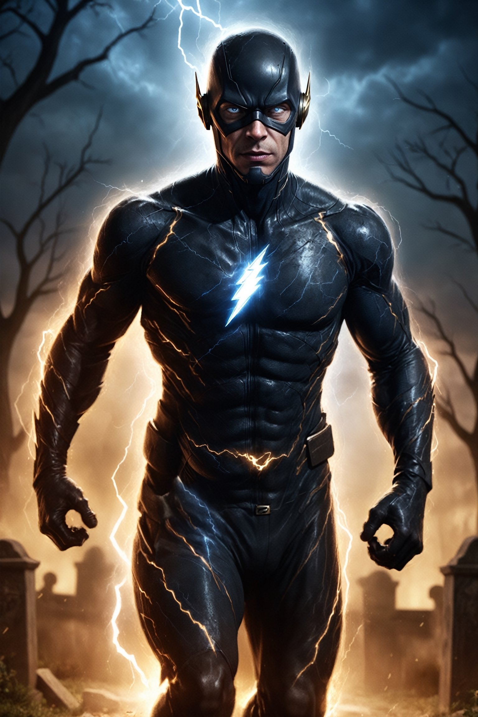 A detailed,  realistic digital painting of Black Flash in the style of Zack Snyder. He is running through a cemetery at ni...