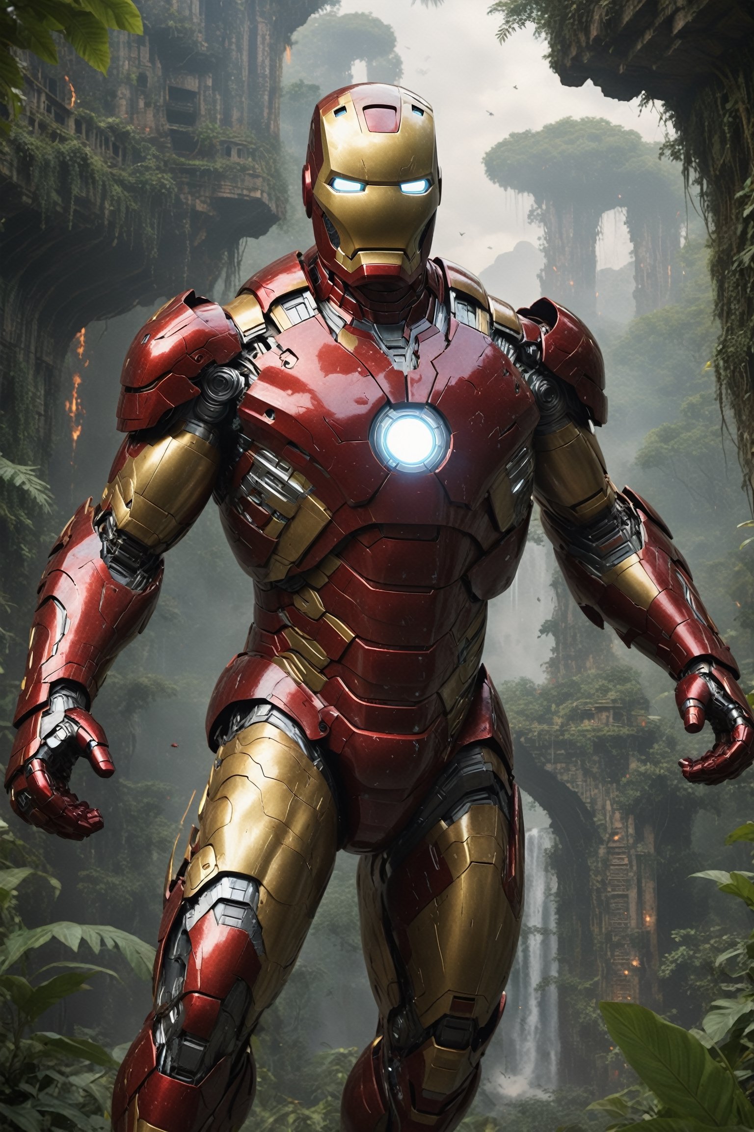 A hyper-realistic and detailed Iron Man flying through a jungle. The suit is made of a heavily armored,  red and gold mate...