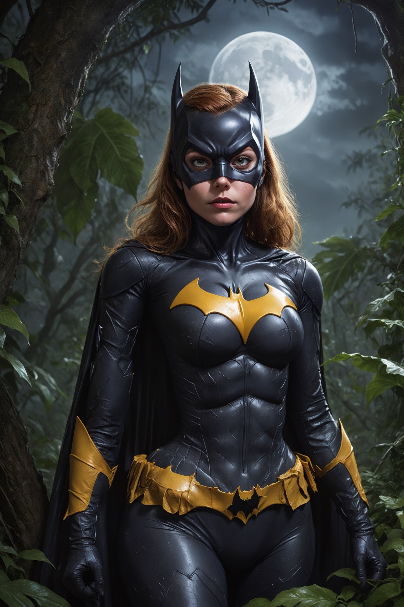 A detailed,  hyperrealistic digital painting of Batgirl in a dirty,  jungle-themed costume. She is perched on a tree branc...