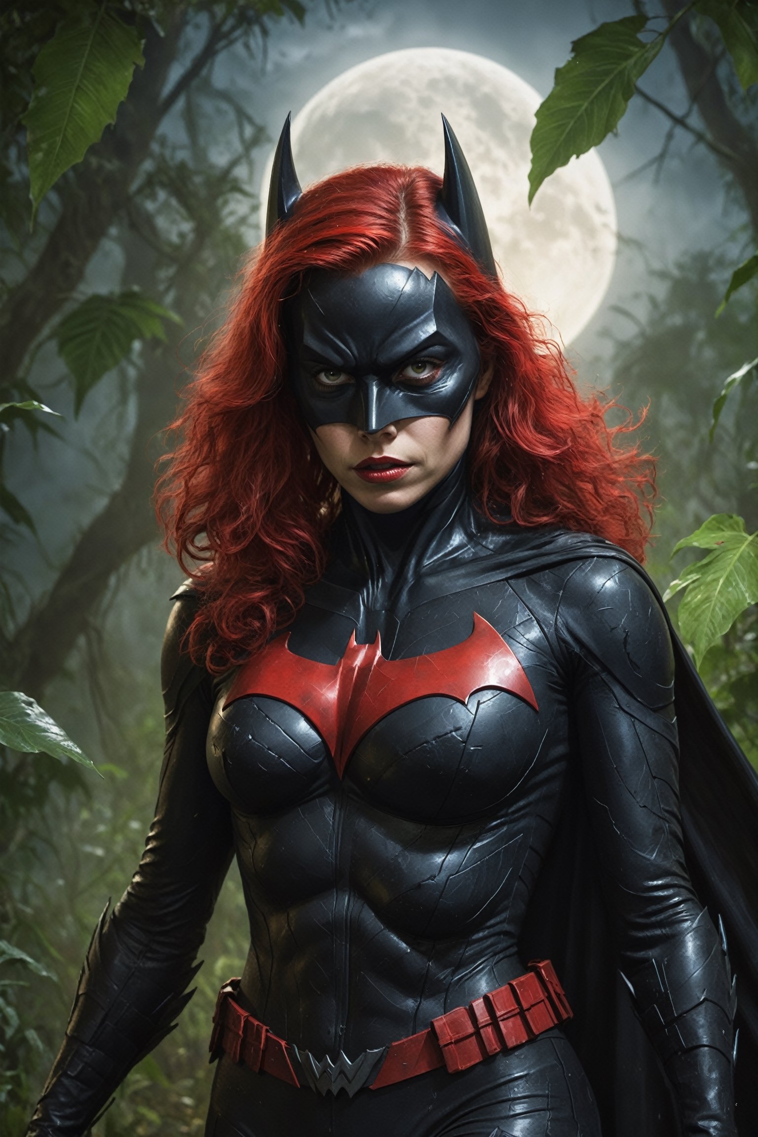 A detailed,  hyperrealistic digital painting of Batwoman in a dirty,  jungle-themed costume. She is grappling across a den...