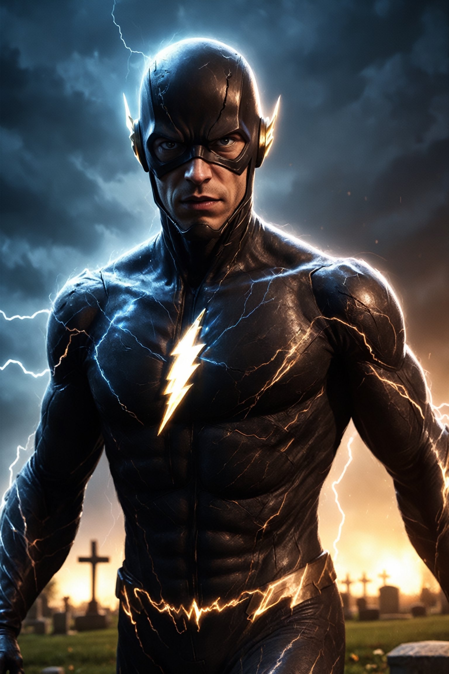 A detailed,  realistic digital painting of Black Flash in the style of Zack Snyder. He is running through a cemetery at ni...