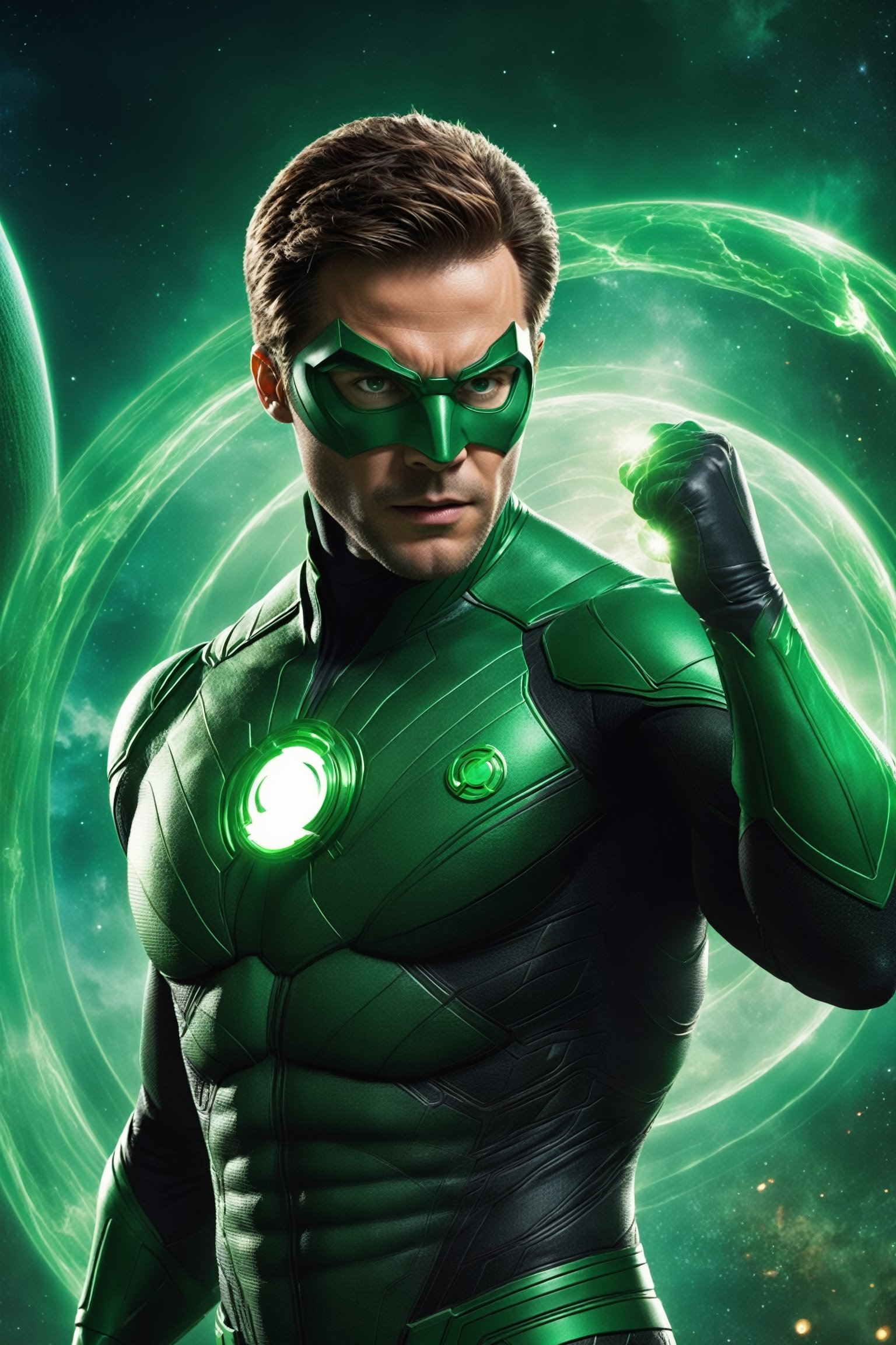 A highly detailed,  hyper-realistic,  cinematic shot of Green Lantern soaring through the air by Lenny Snart on Tensor.Art