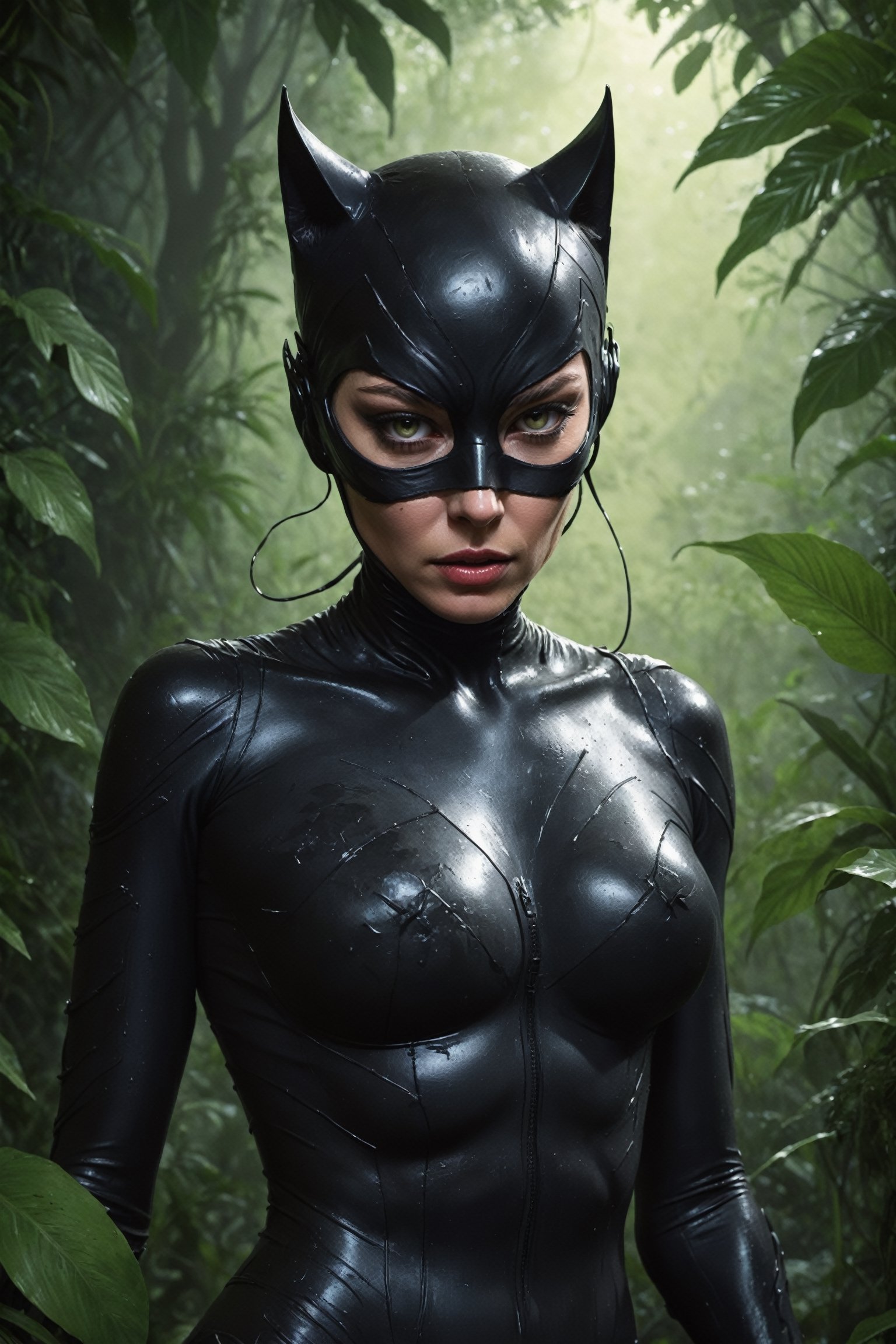 A detailed,  hyperrealistic digital painting of Catwoman in a dirty,  jungle-themed costume. She is sneaking through a den...
