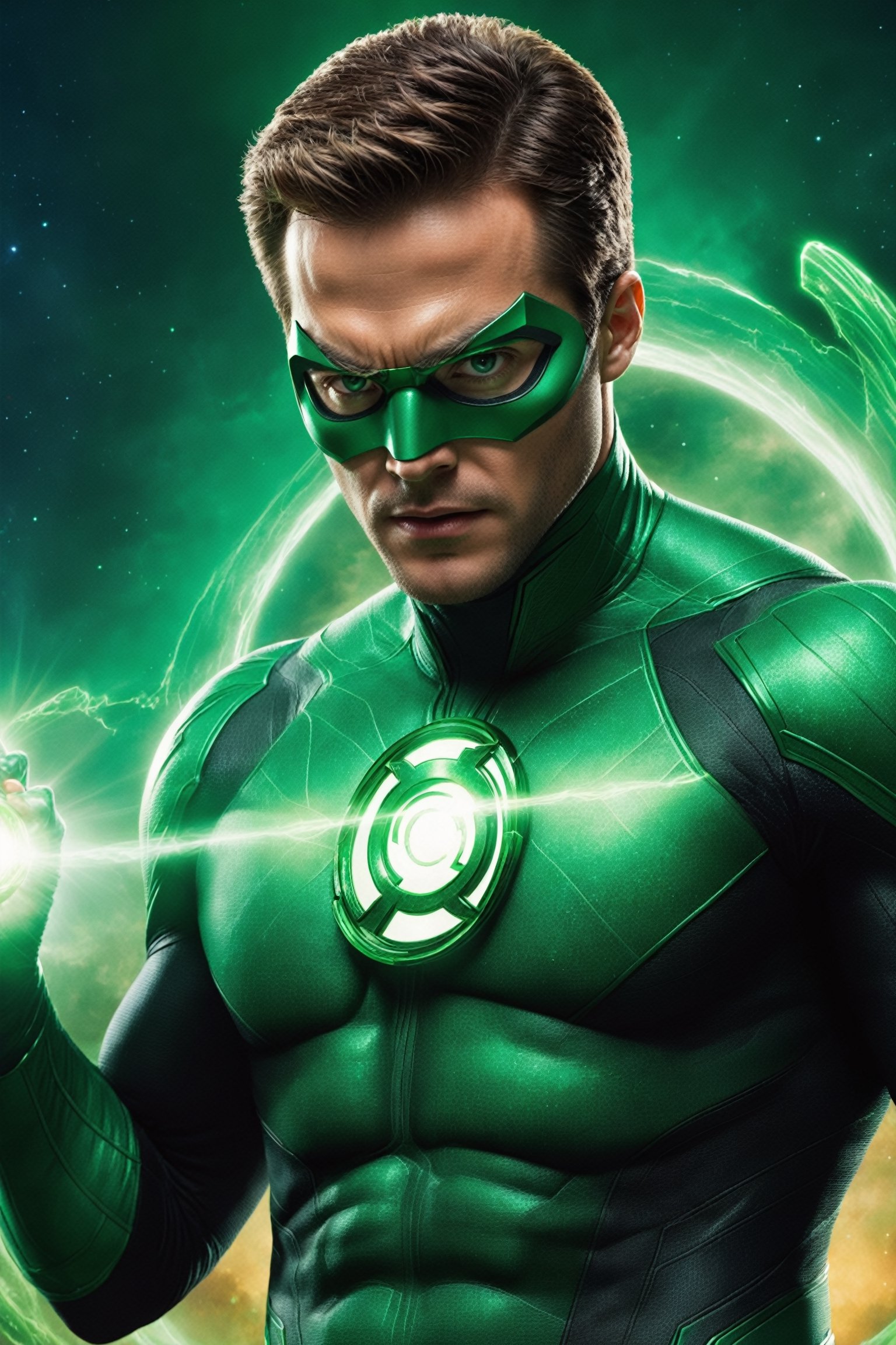 A highly detailed,  hyper-realistic,  cinematic shot of Green Lantern soaring through the air by Lenny Snart on Tensor.Art