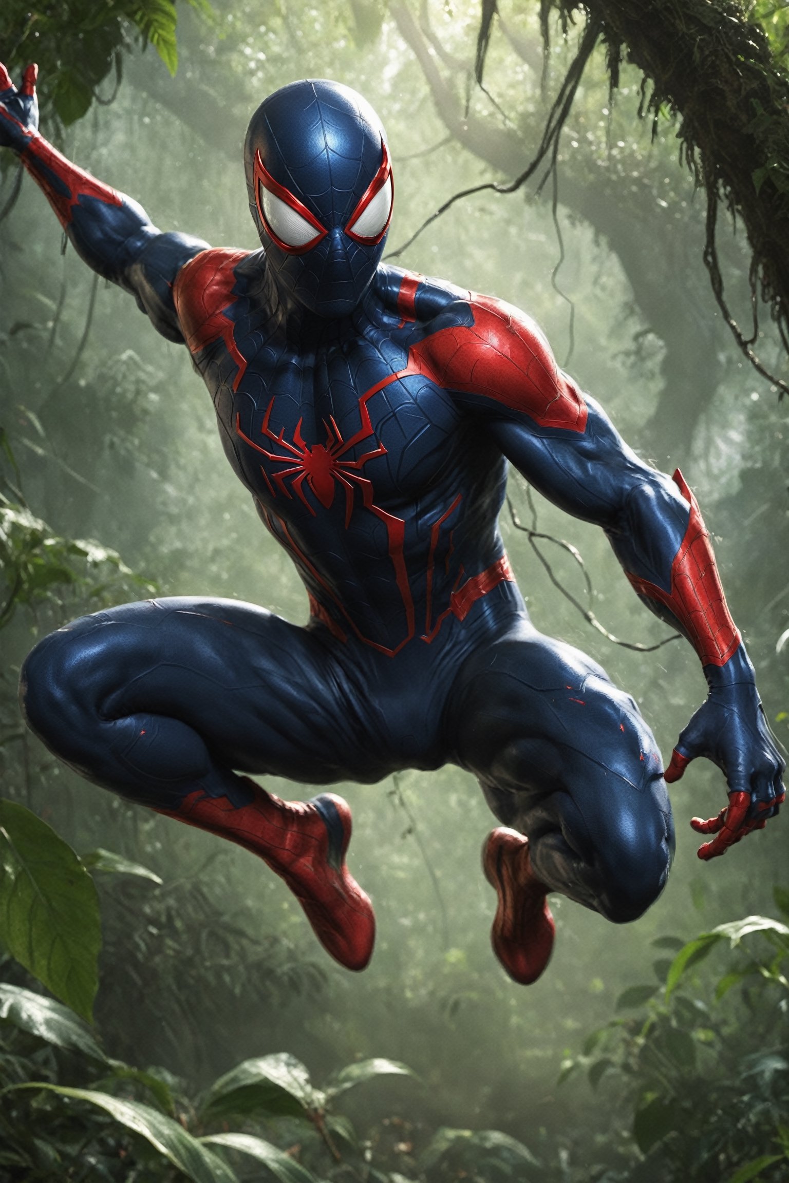 A detailed,  hyperrealistic digital painting of Spider-Man 2099 in a dirty,  jungle-themed costume. He is swinging through...