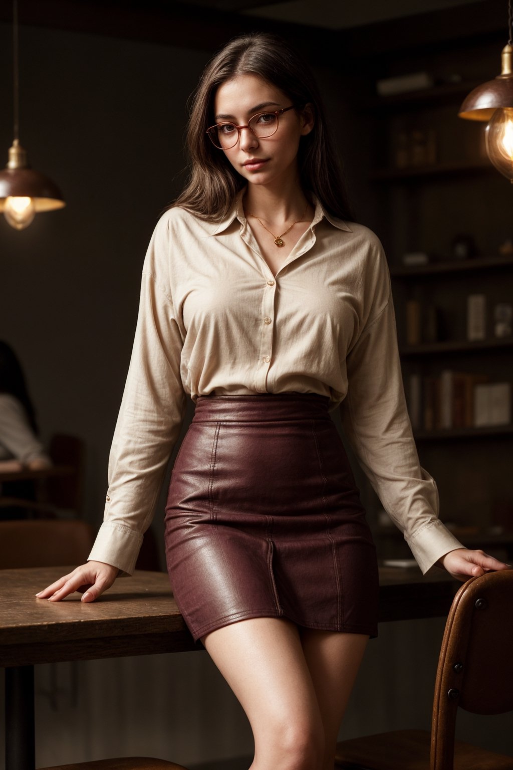In a bustling urban café,  illuminated by the soft glow of vintage Edison bulbs,  sits a strikingly thin young woman with...