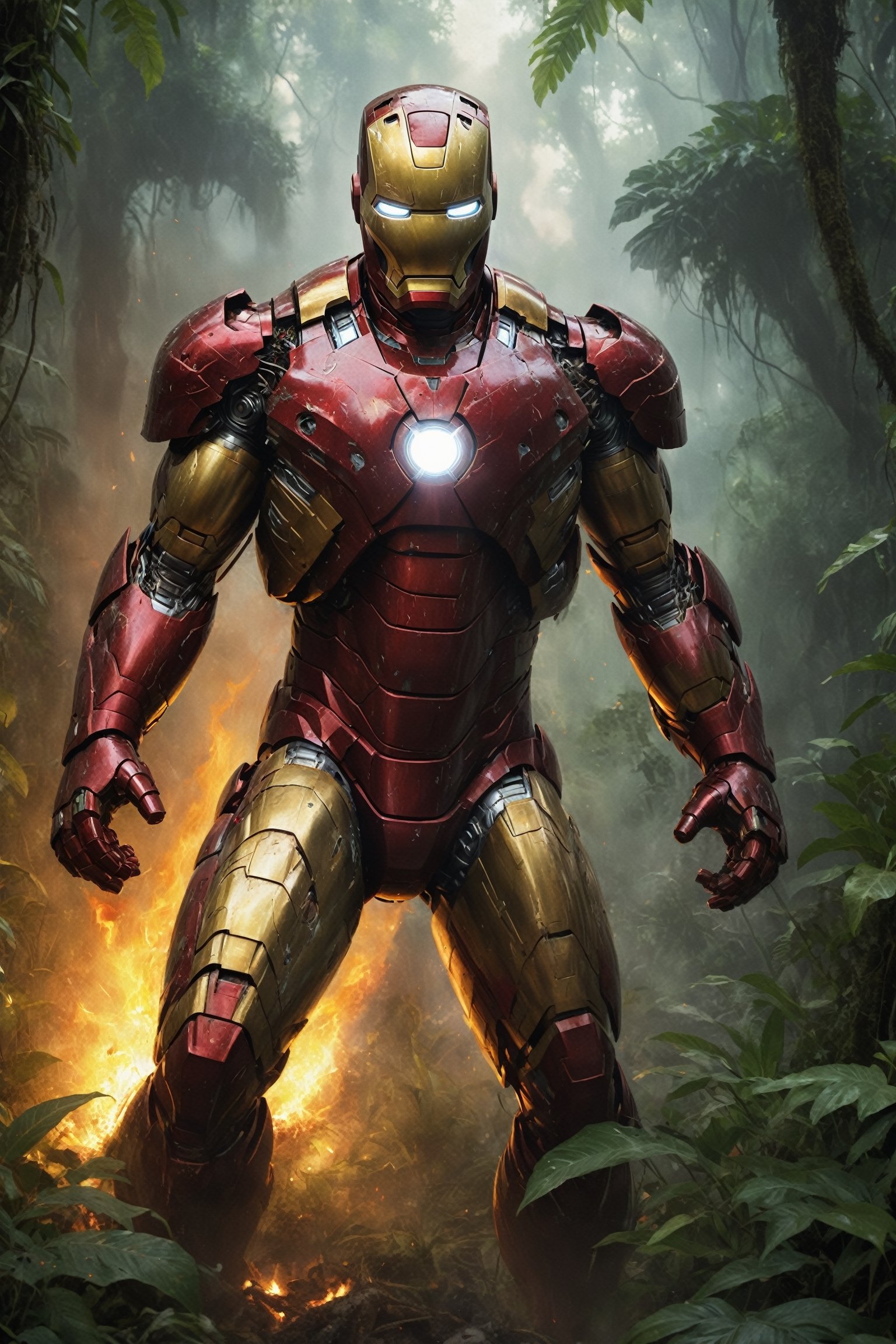 A detailed,  hyperrealistic digital painting of Iron Man in a dirty,  jungle-themed armor. He is flying through a dense by...